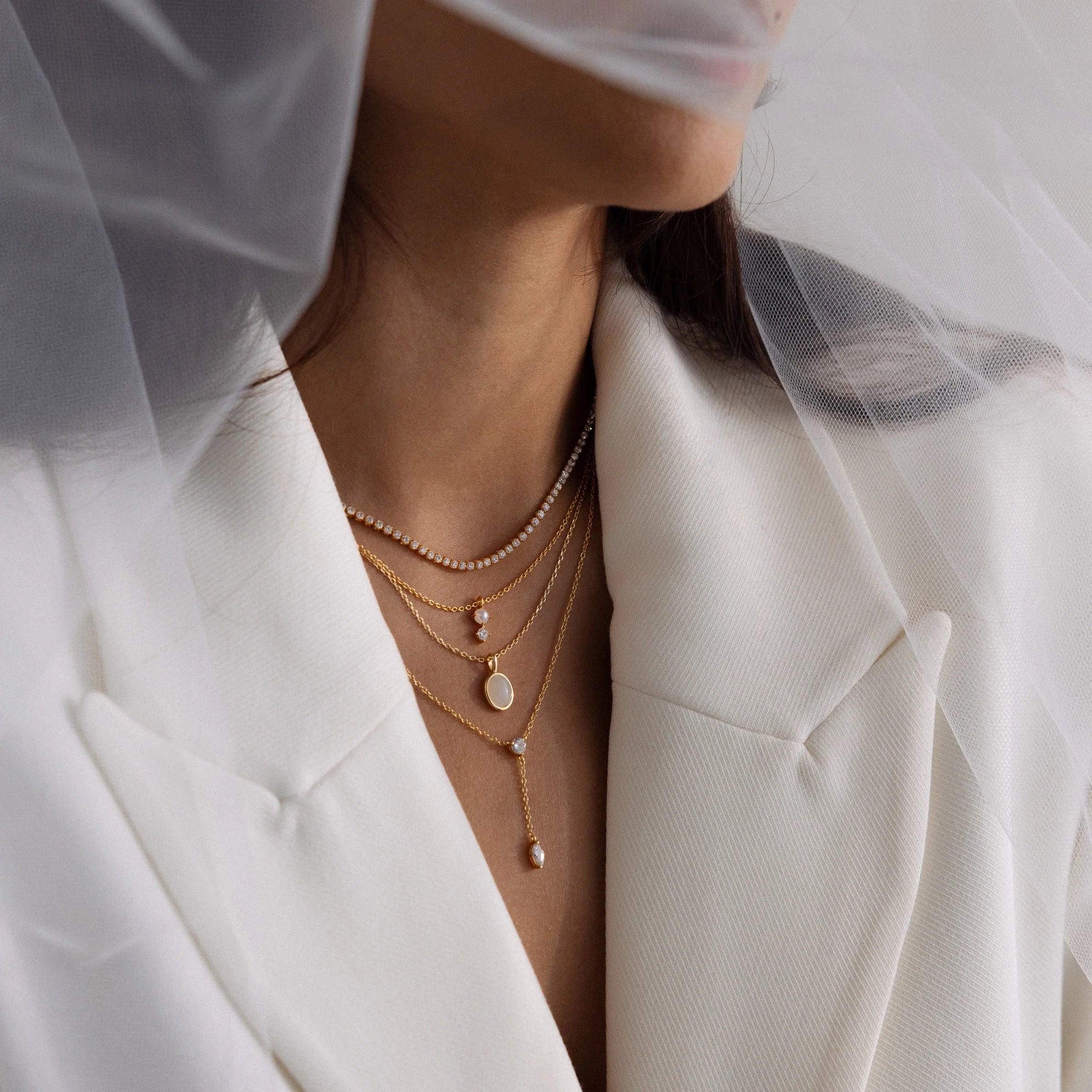 Pearl Diamond Drop Necklace Silver 18K Gold Plated