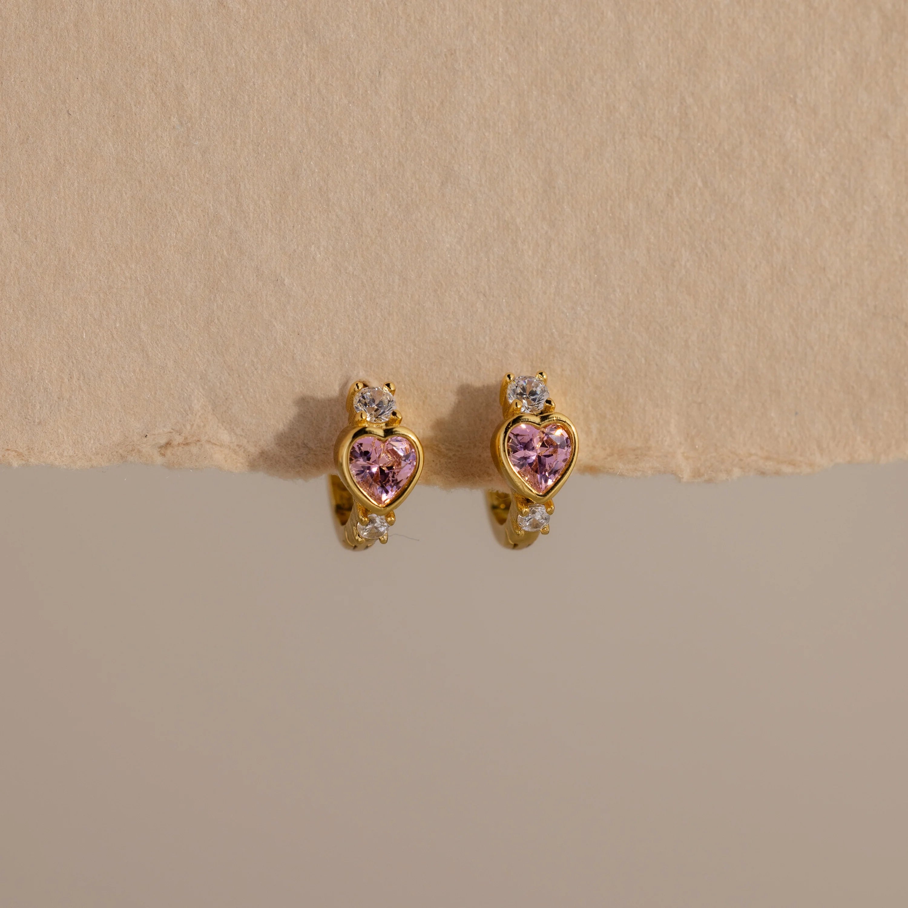 Pink Tourmaline Heart Hoops Silver 18K Gold Plated