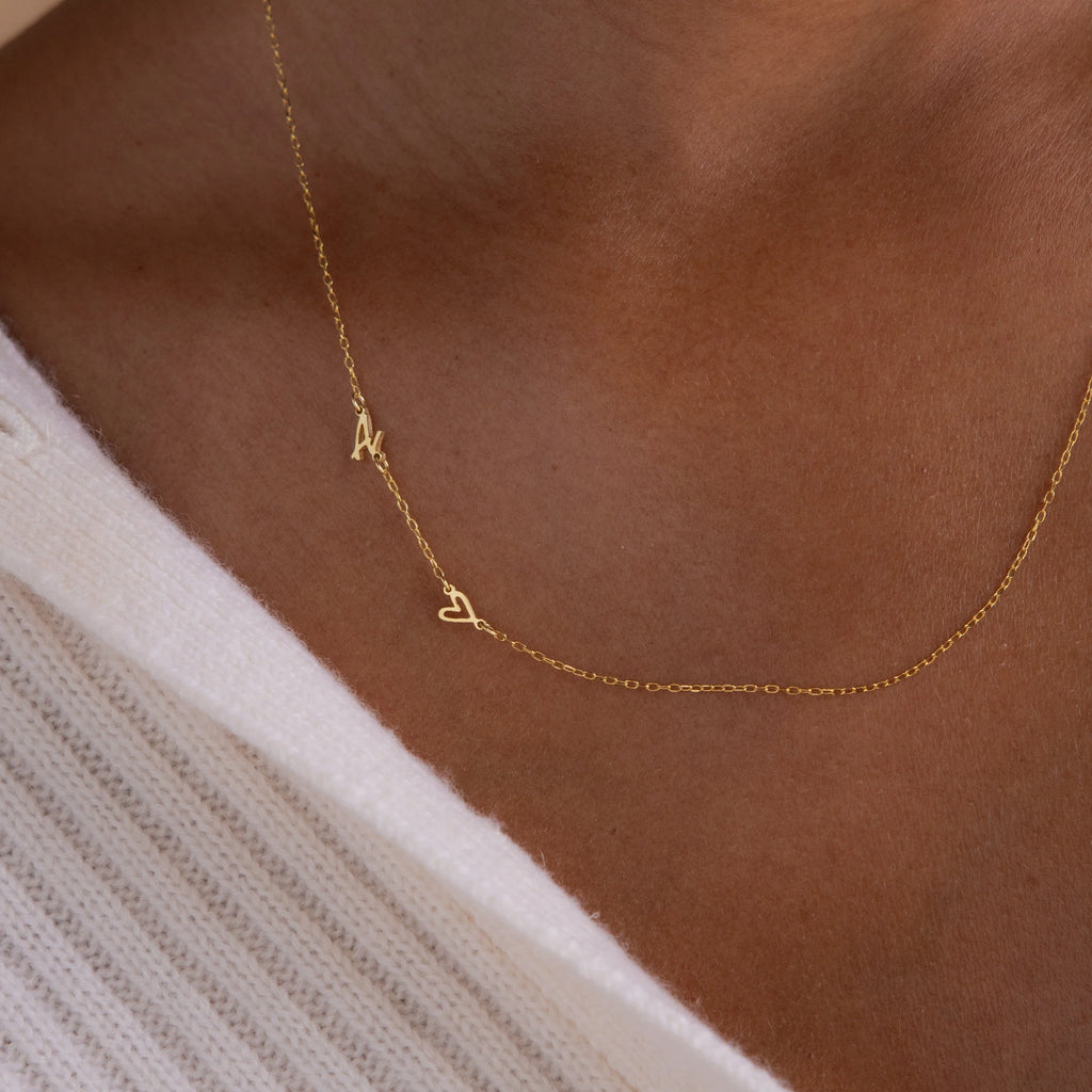 Sideways Initial Heart Necklace Silver 18K Gold Plated