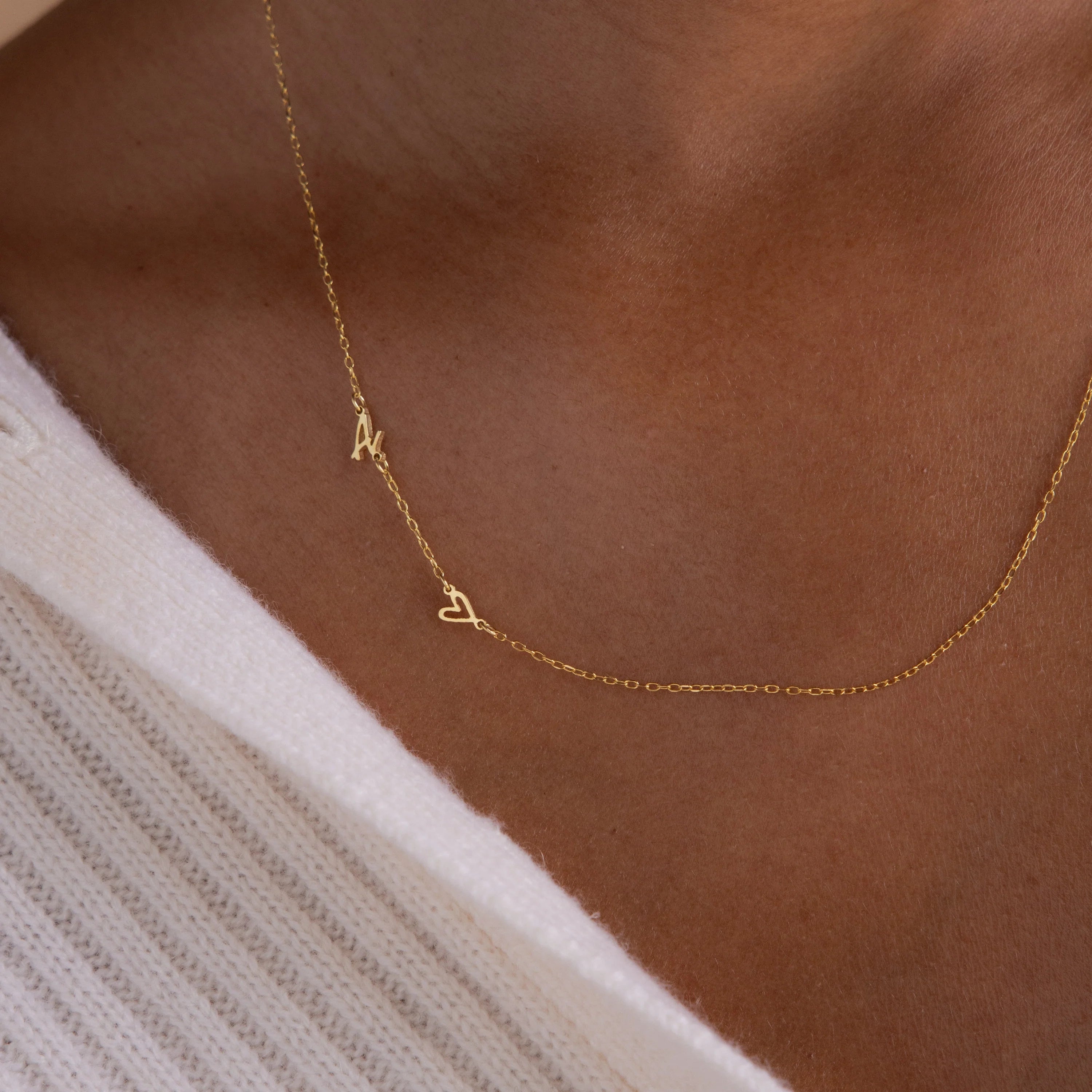 Sideways Initial Heart Necklace Silver 18K Gold Plated