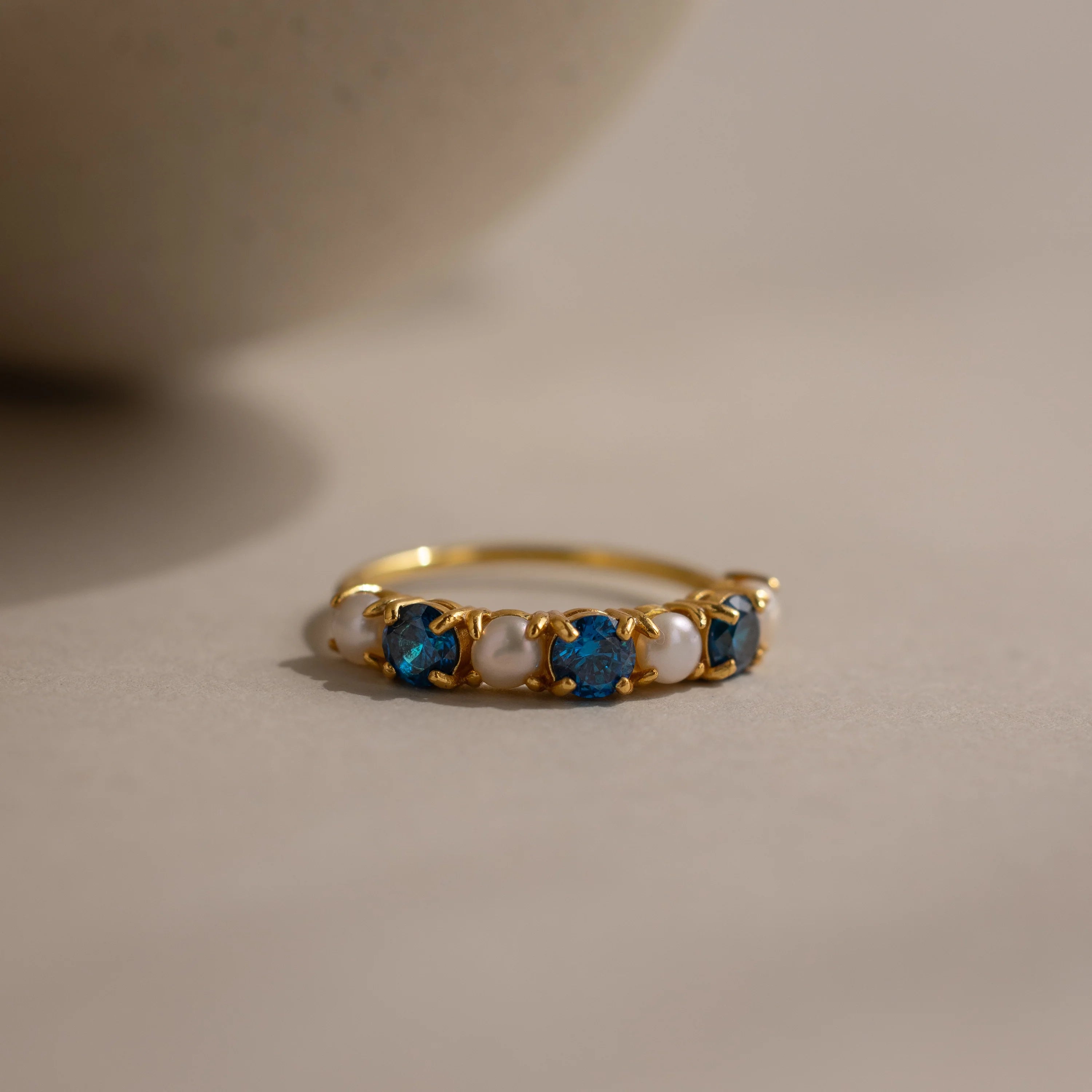 Blue Zircon & Pearl Lace Ring Silver 18K Gold Plated