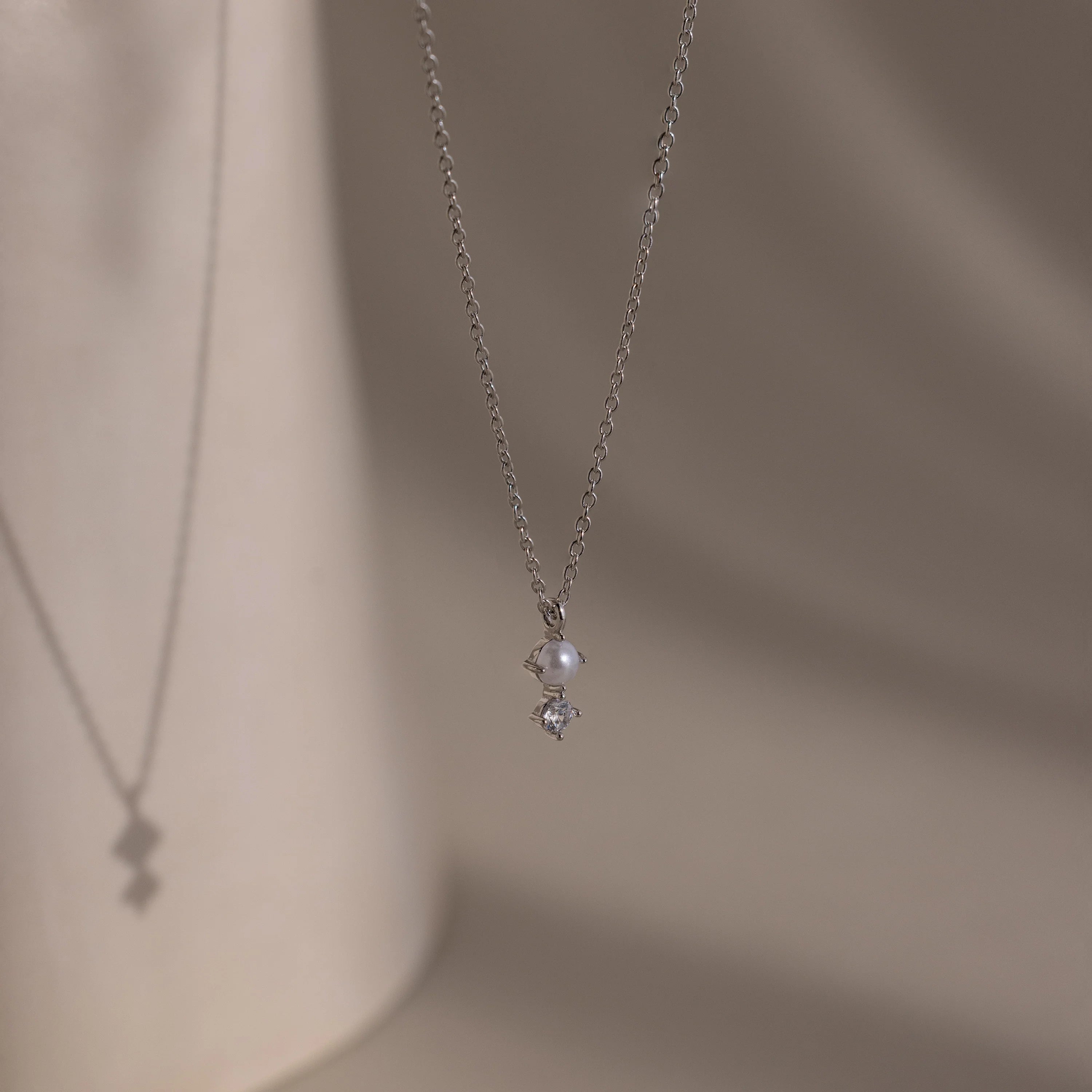 Diamond Pearl Drop Necklace Silver 18K Gold Plated