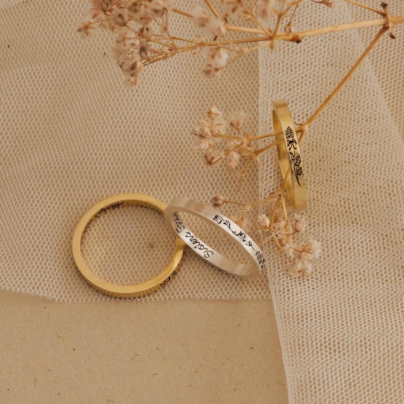 Stacking Birth Flower Band Silver 18K Gold Plated