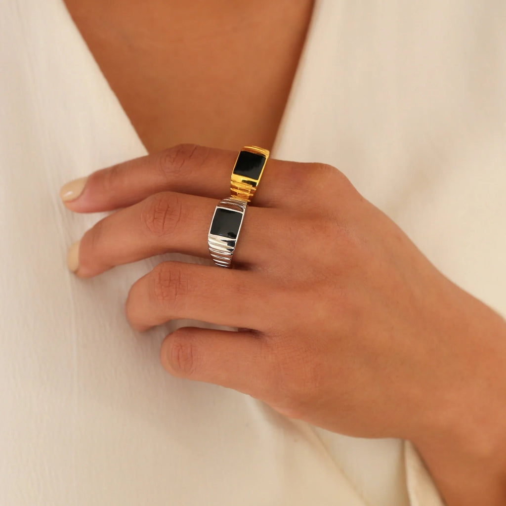 Black Enamel Signet Ring Silver 18K Gold Plated