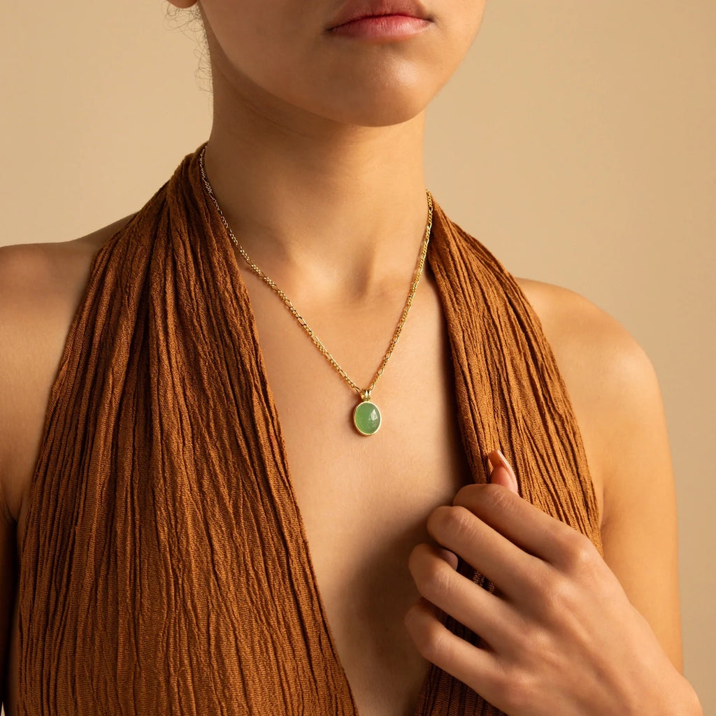 Jade Oval Pendant Necklace Silver 18K Gold Plated