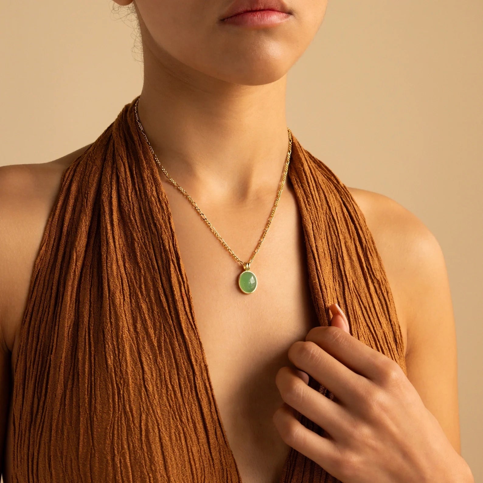 Jade Oval Pendant Necklace Silver 18K Gold Plated