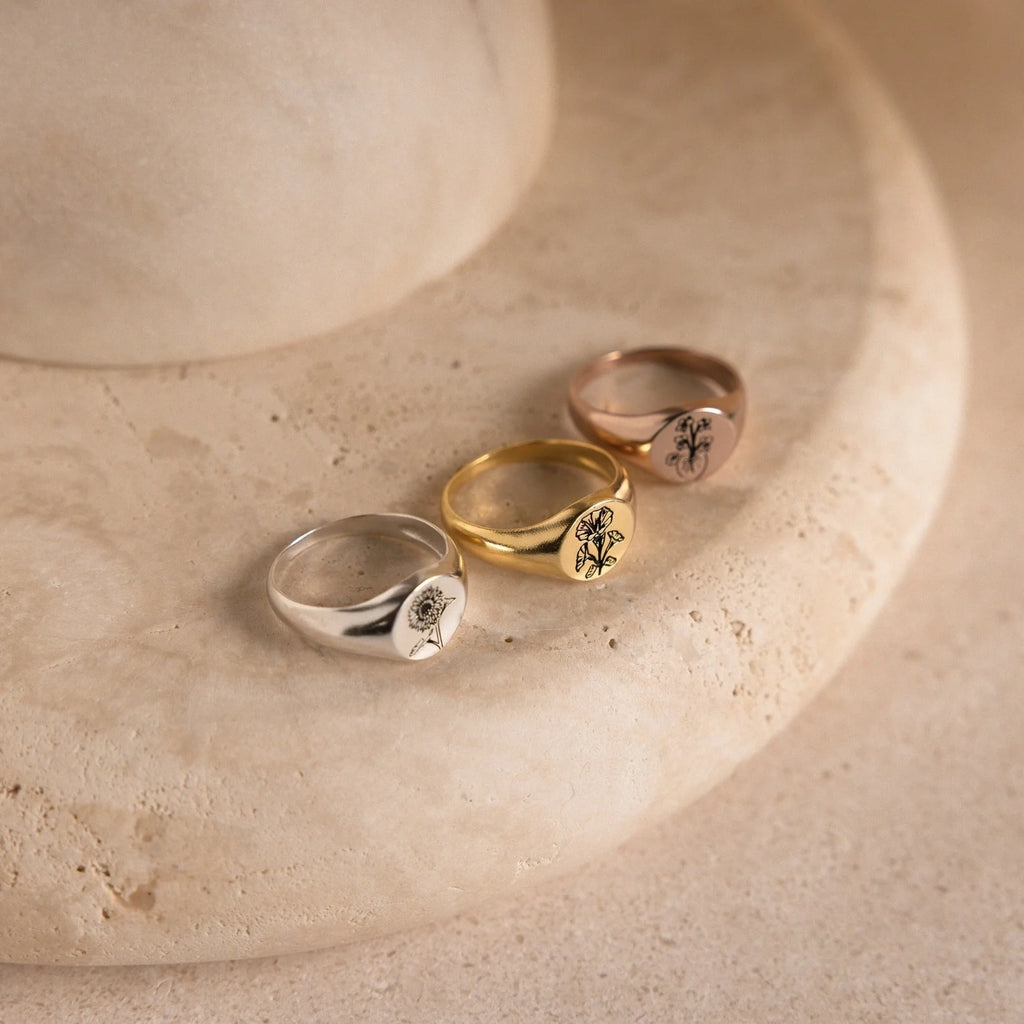 Birth Flower Signet Ring Silver 18K Gold Plated