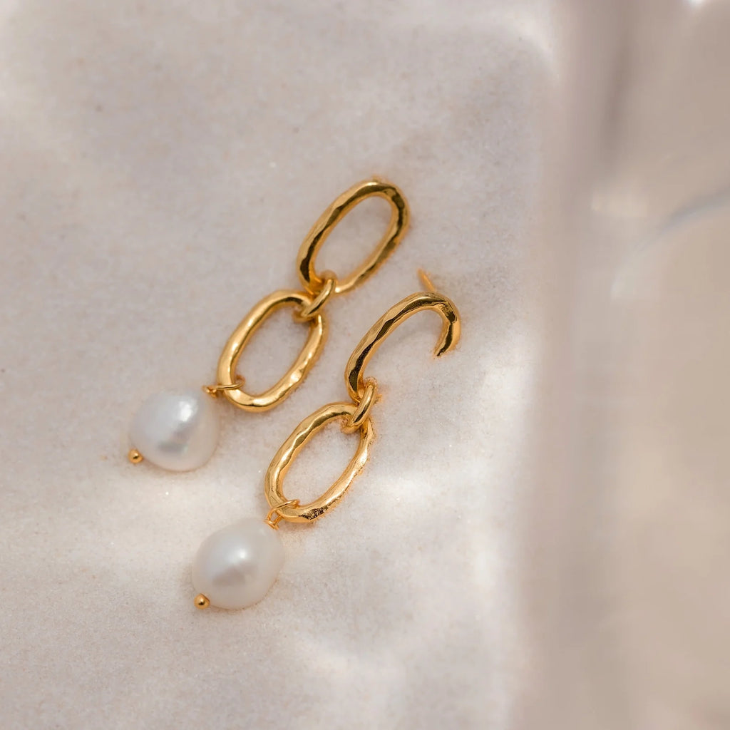 Pearl Drop Link Studs Silver 18K Gold Plated