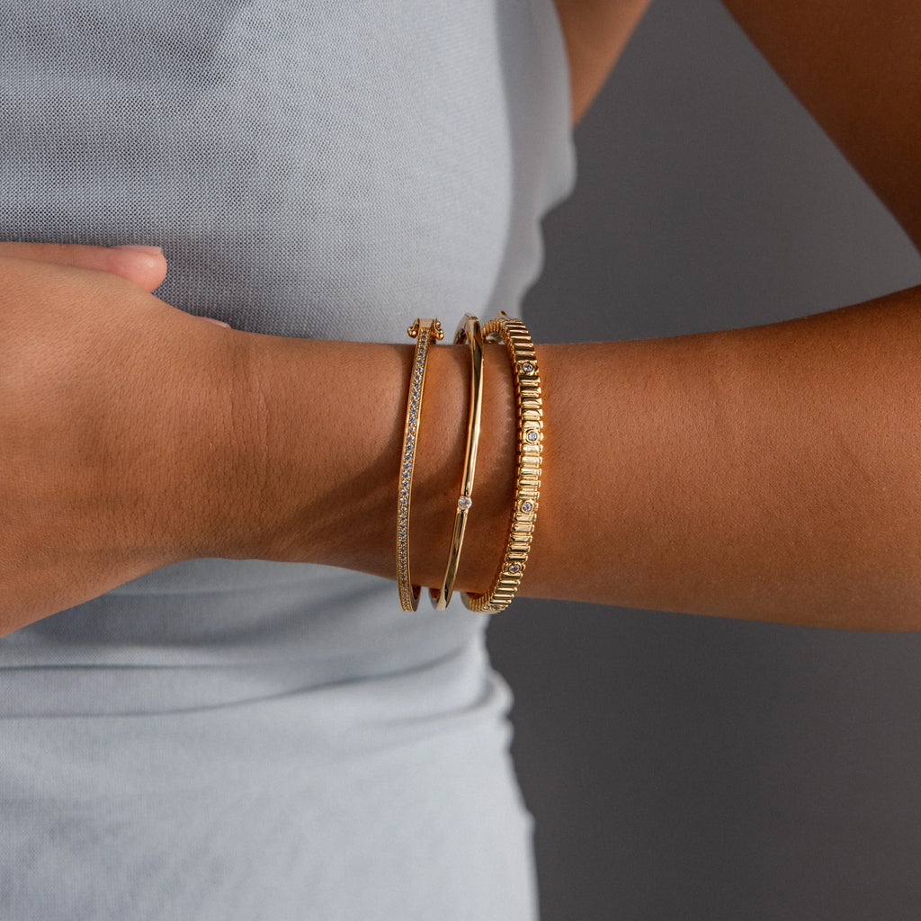 Ribbed Diamond Bangle Silver 18K Gold Plated