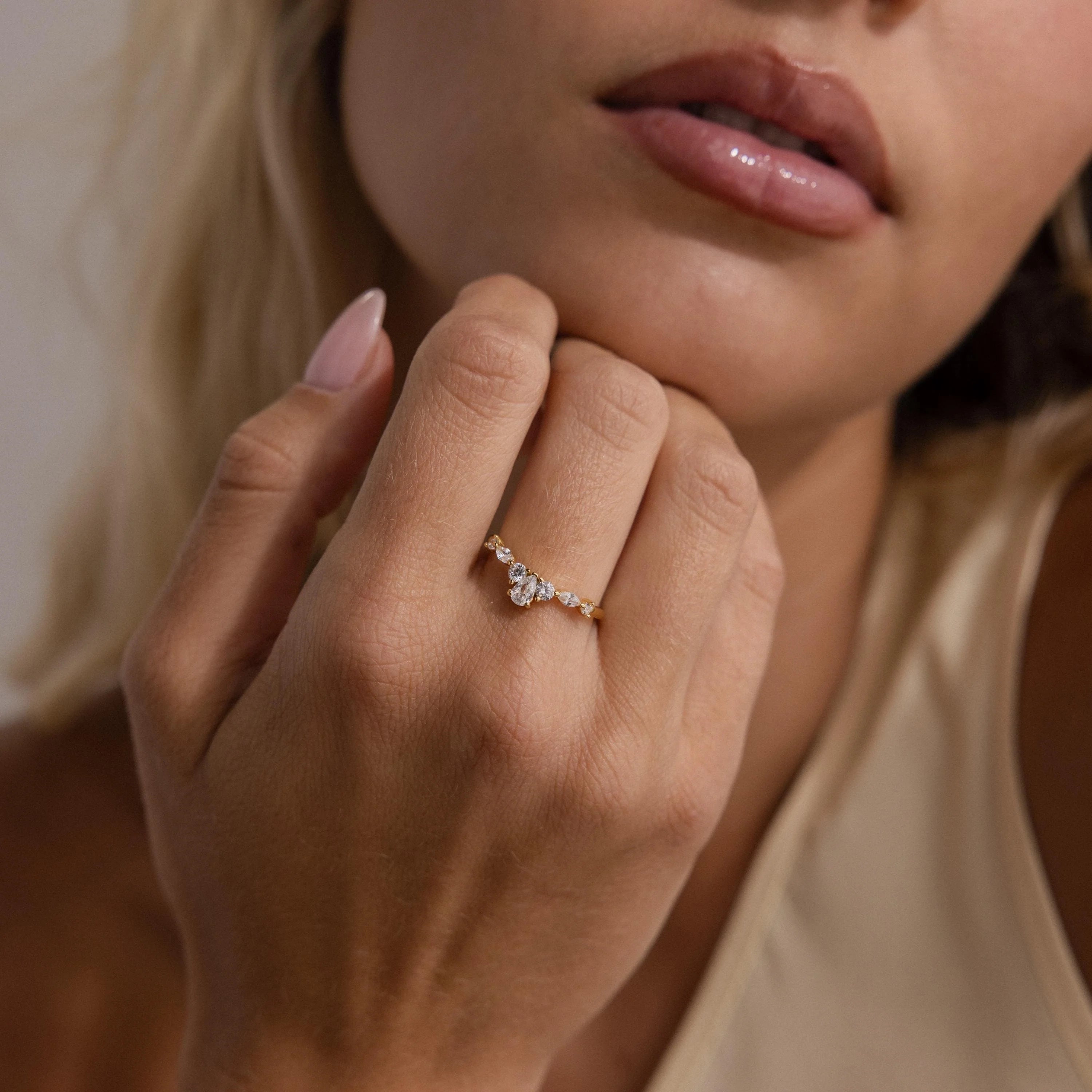 Pear & Marquise Diamond Curve Ring Silver 18K Gold Plated