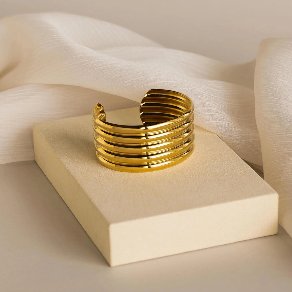 Ribbed Cuff Bracelet Silver 18K Gold Plated