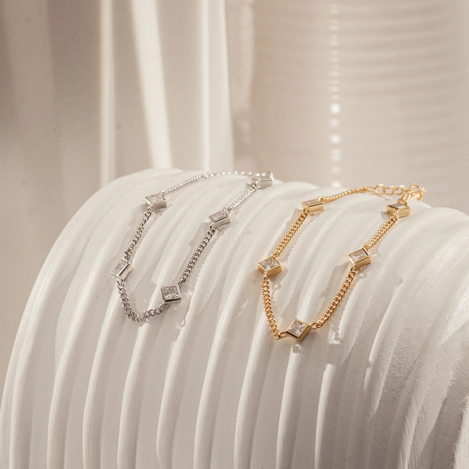 Diamond Station Bracelet Ring Silver 18K Gold Plated