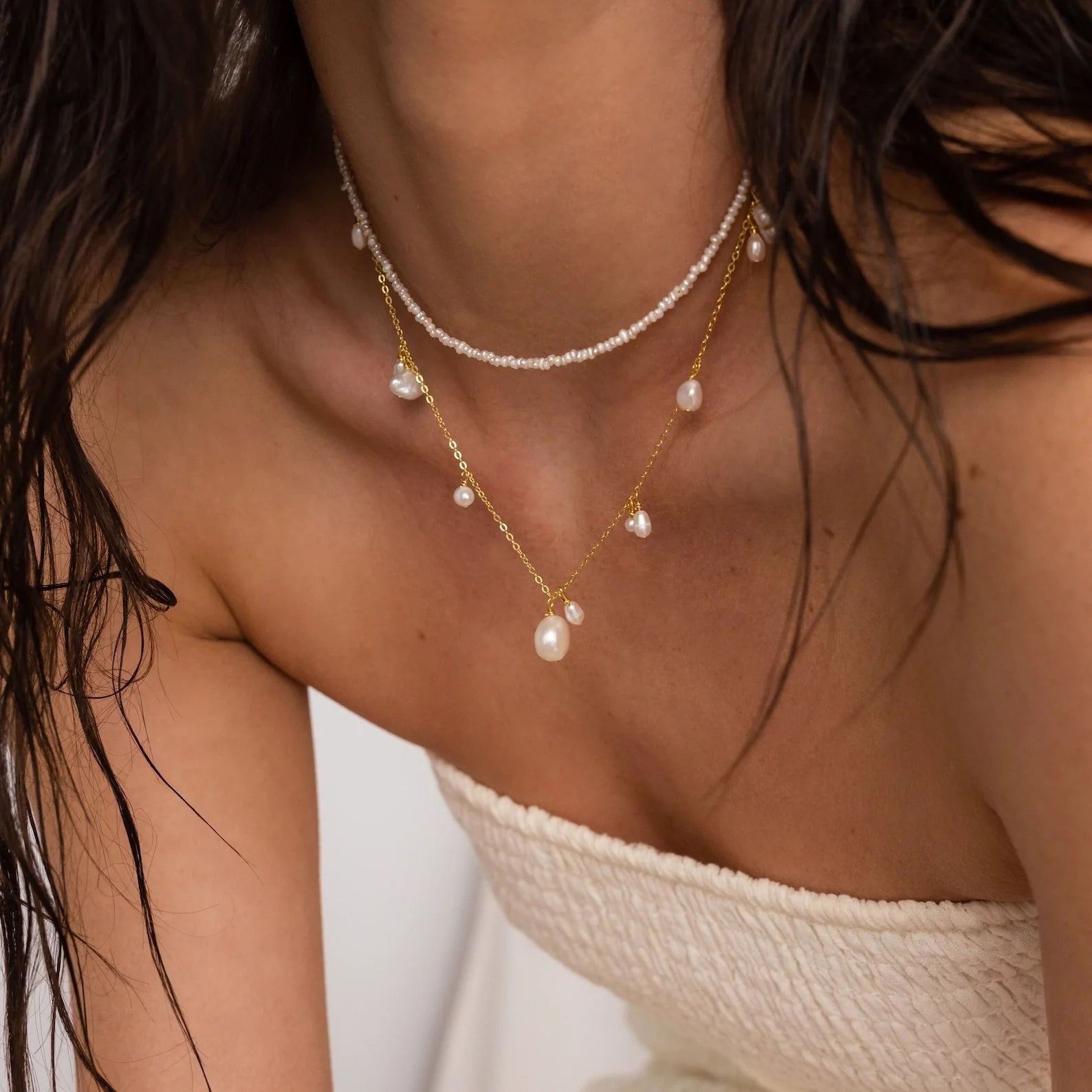 Baroque Pearl Station Necklace Silver 18K Gold Plated