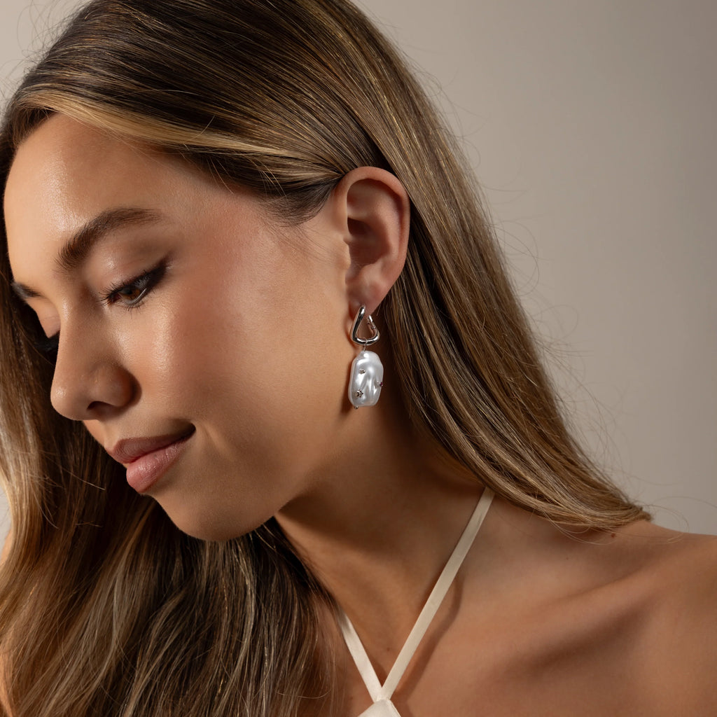 Celestial Baroque Pearl Charm Hoops Silver 18K Gold Plated
