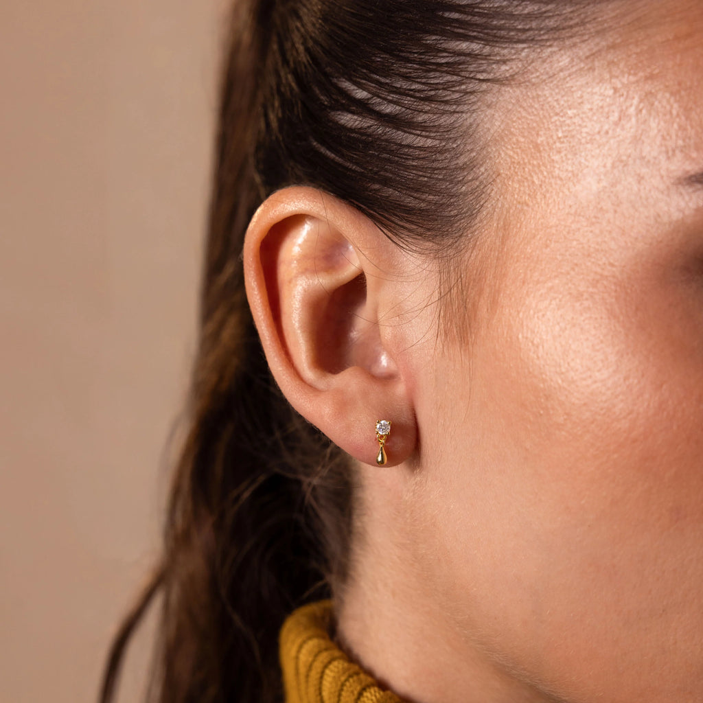 Diamond Droplet Studs Silver 18K Gold Plated