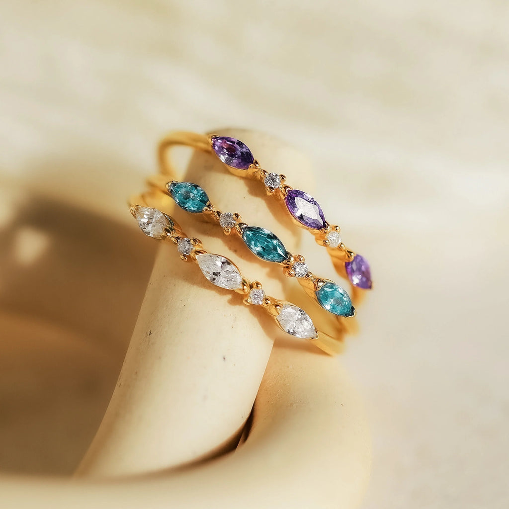 Triple Marquise Birthstone Ring Silver 18K Gold Plated