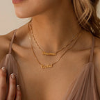 London Double Name Necklace in Box Chain Silver 18K Gold Plated