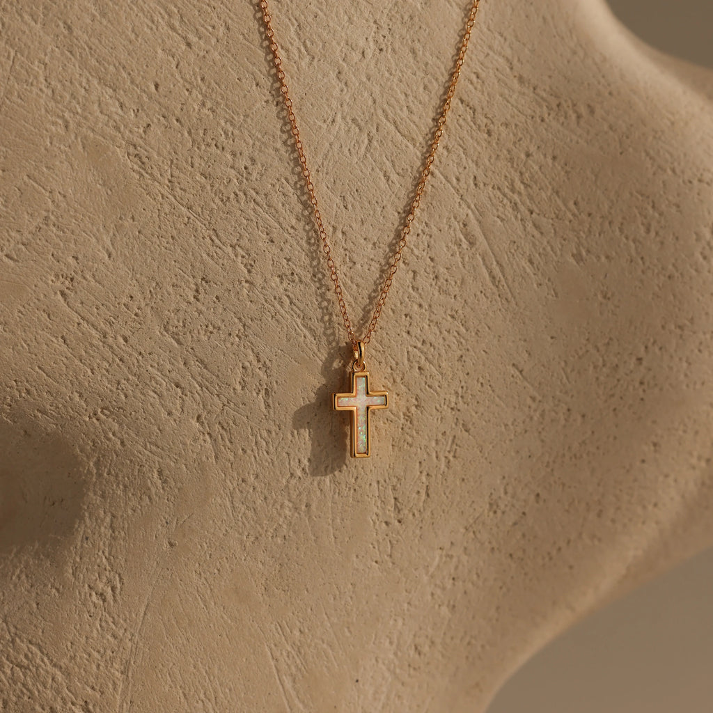 Opal Cross Necklace Silver 18K Gold Plated