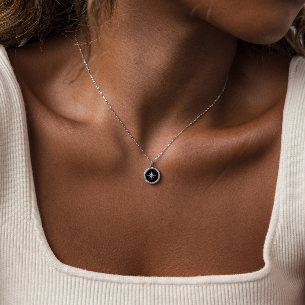 Diamonds Onyx Star Pendant Necklace Silver 18K Gold Plated