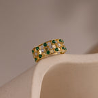 Lace Checkered Emerald Ring Silver 18K Gold Plated