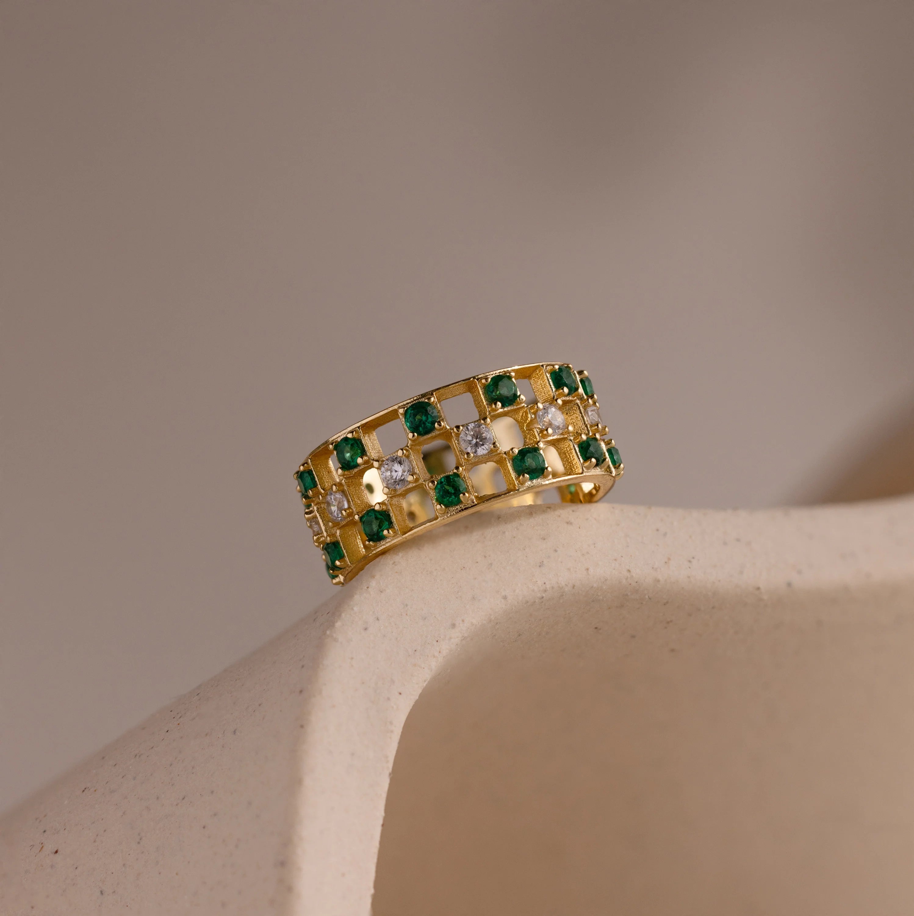 Lace Checkered Emerald Ring Silver 18K Gold Plated