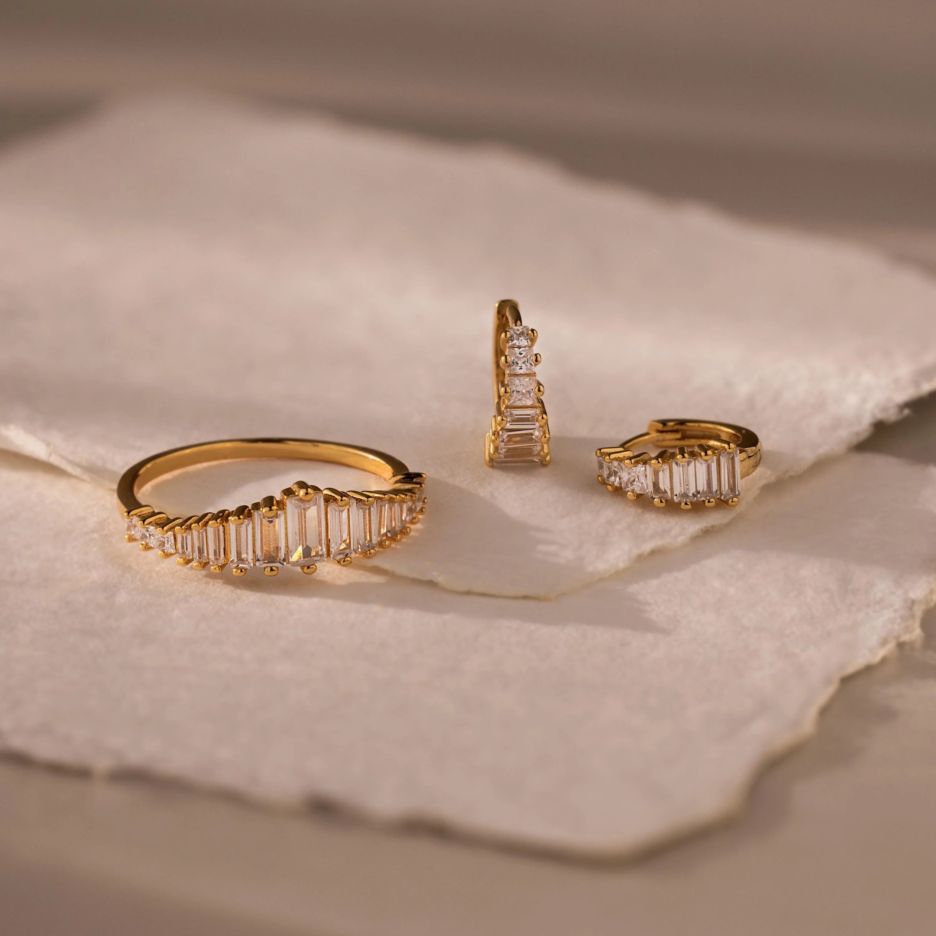 Art Deco Diamond Earrings & Ring Set Silver 18K Gold Plated