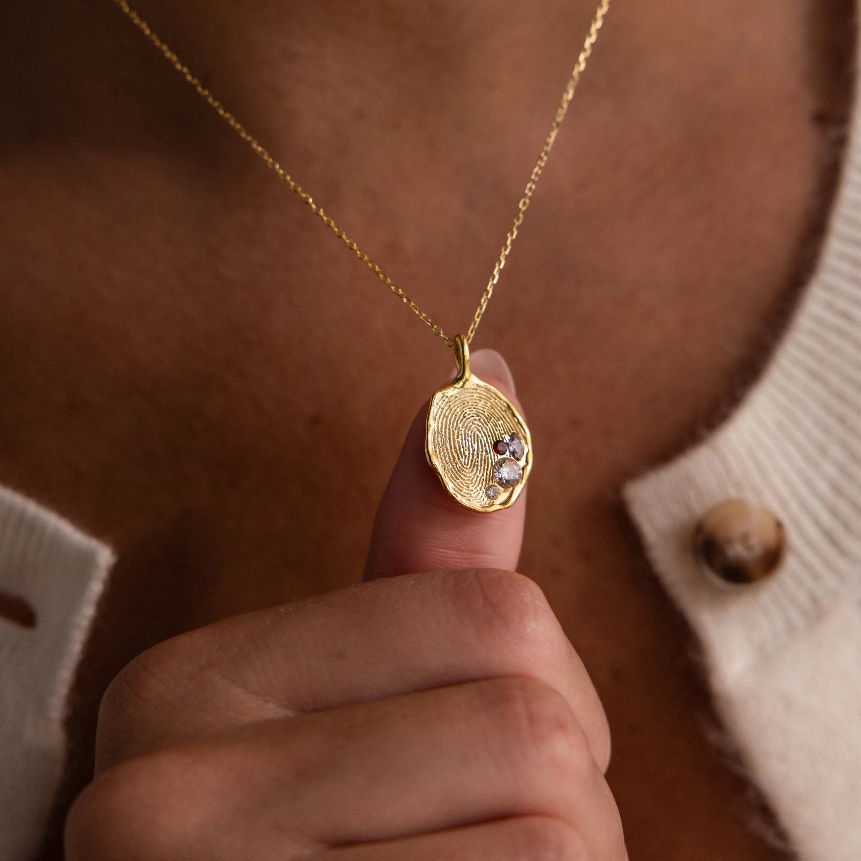 Organic Fingerprint Multi Birthstone Necklace  Silver 18K Gold Plated