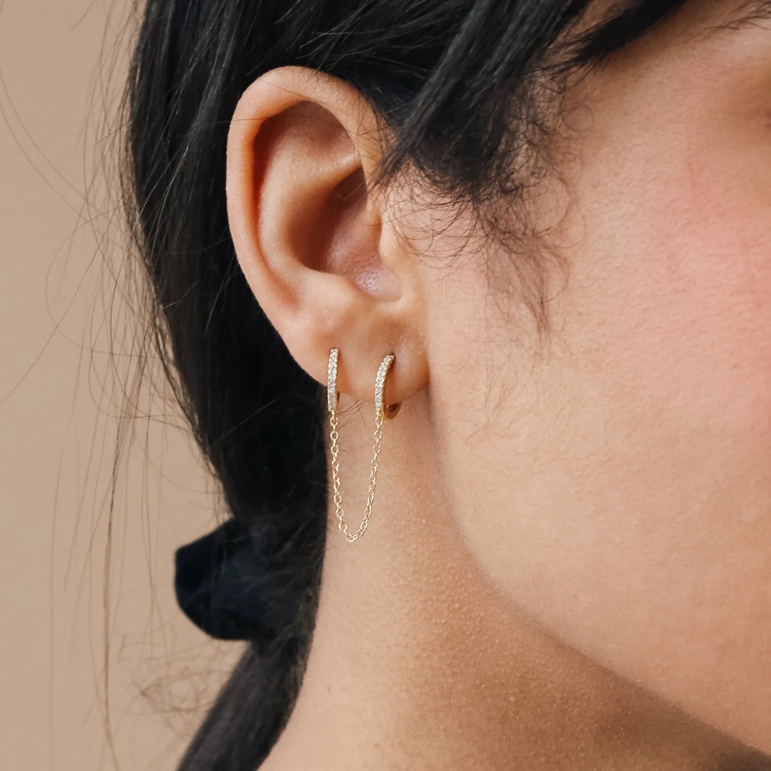 Pave Duo Chain Earring Silver 18K Gold Plated