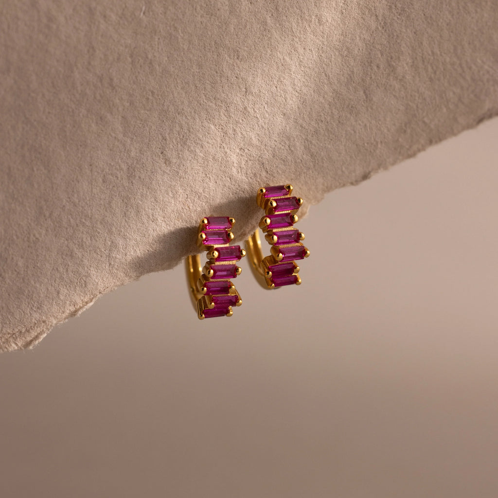 Staggered Baguette Ruby Huggies Silver 18K Gold Plated