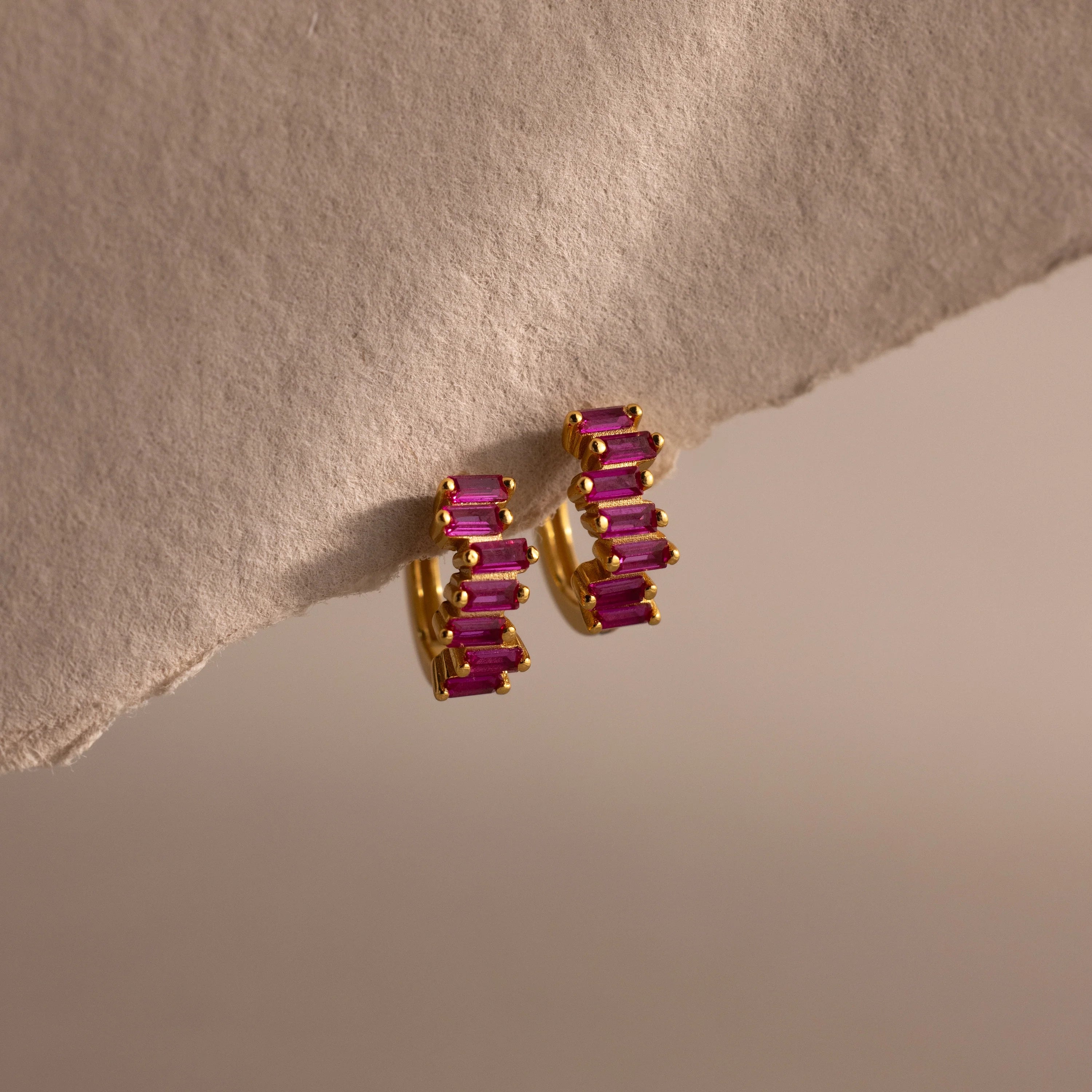 Staggered Baguette Ruby Huggies Silver 18K Gold Plated