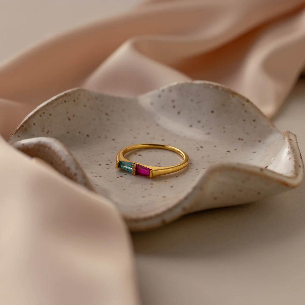 Toi et Moi Tapered Birthstone Ring Silver 18K Gold Plated