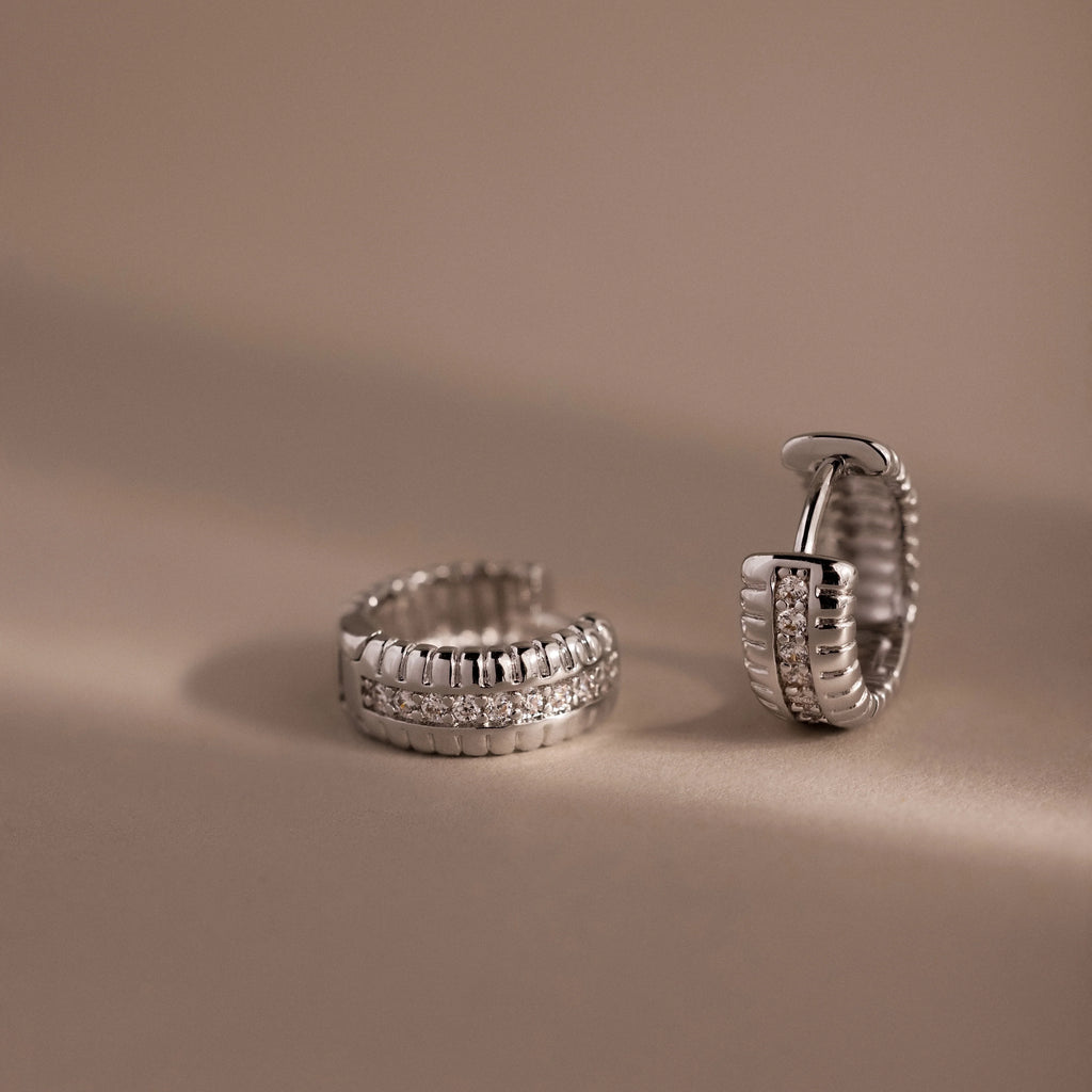Diamonds Ribbed Pave Huggies Silver 18K Gold Plated