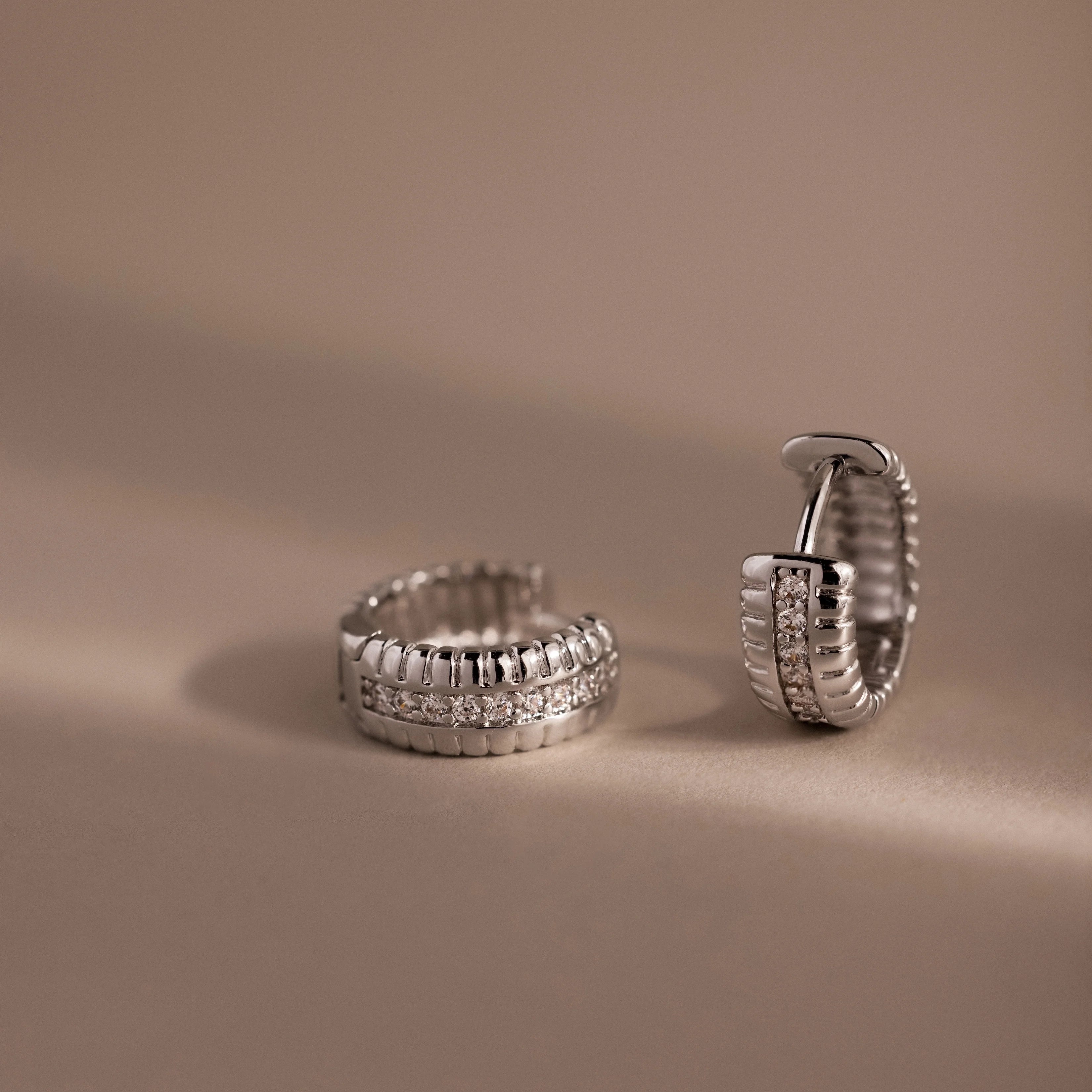 Diamonds Ribbed Pave Huggies Silver 18K Gold Plated