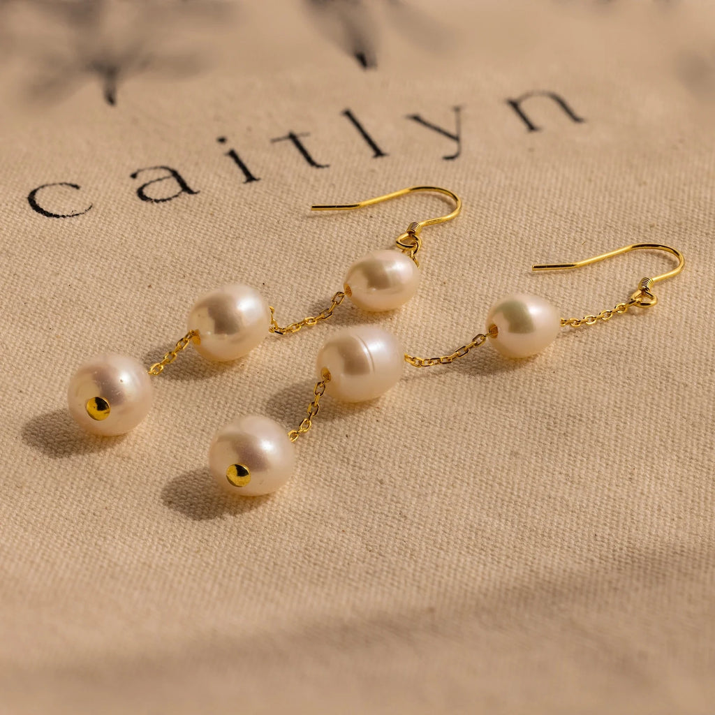 Long Pearl Dangle Earrings Silver 18K Gold Plated