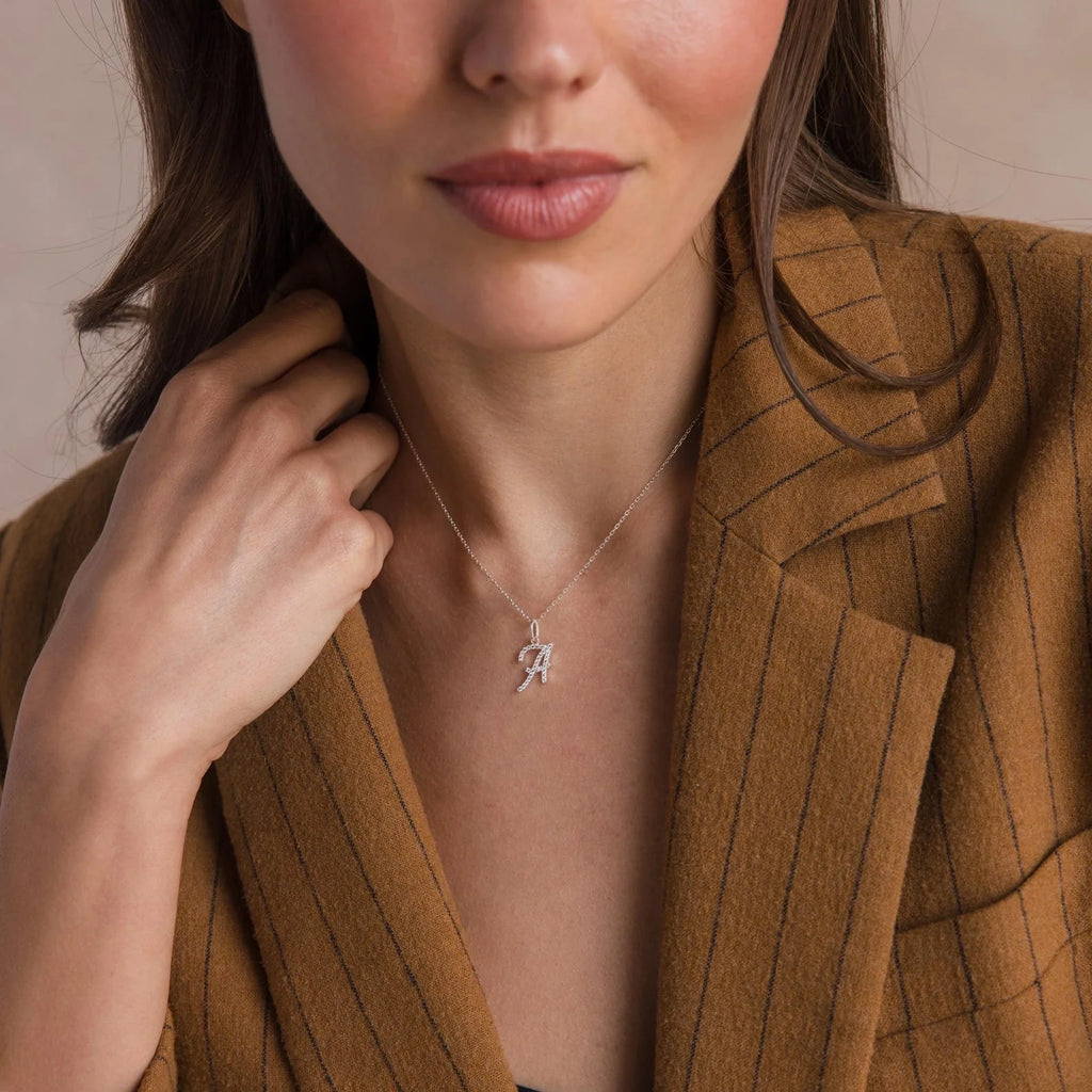 Diamond Pave Letter Charm Necklace Silver 18K Gold Plated
