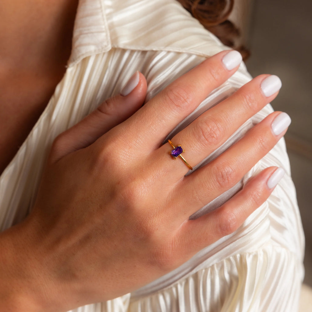 Emerald Cut Birthstone Ring Silver 18K Gold Plated