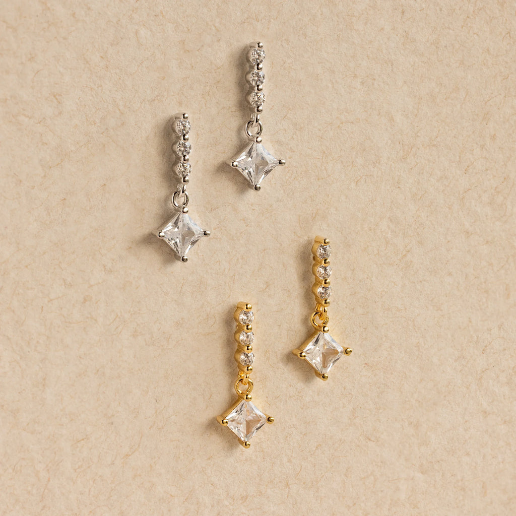 Princess Diamond Drop Studs Silver 18K Gold Plated