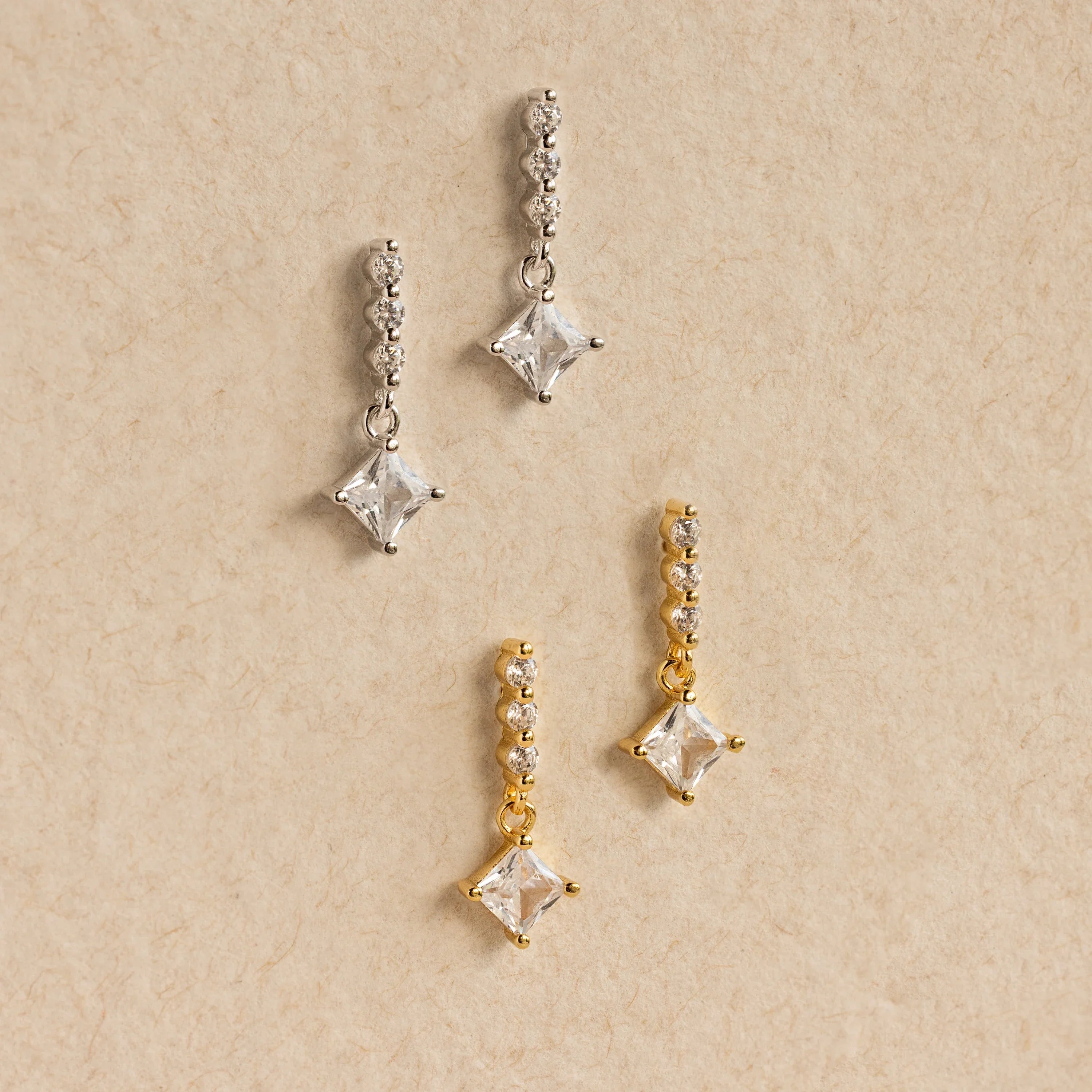 Princess Diamond Drop Studs Silver 18K Gold Plated