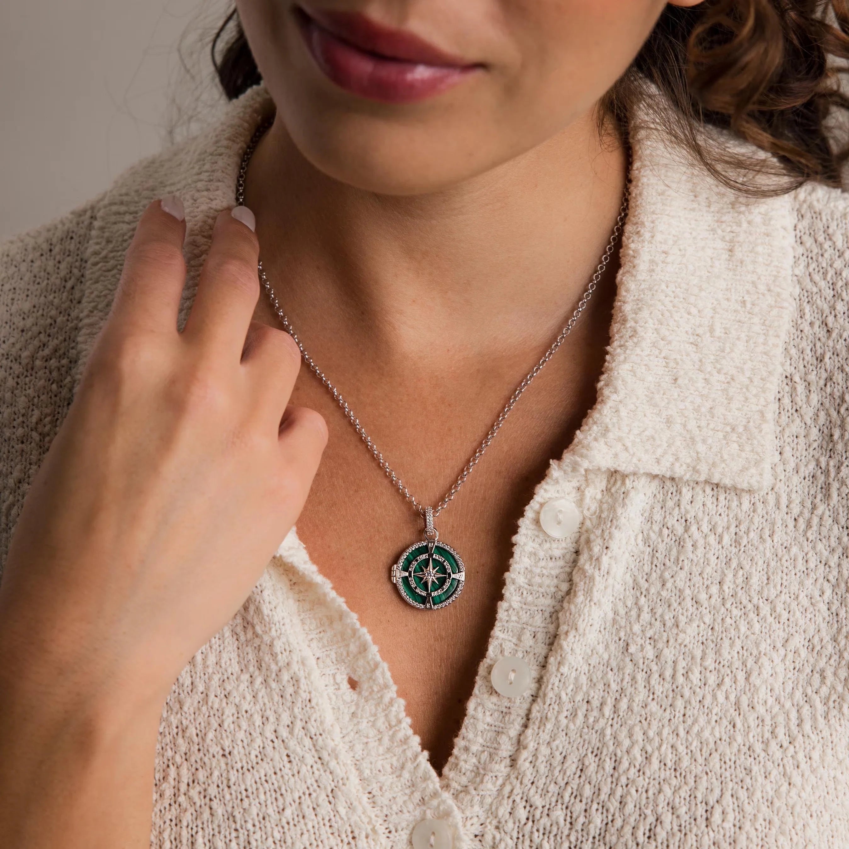 Malachite Compass Locket Necklace Silver 18K Gold Plated