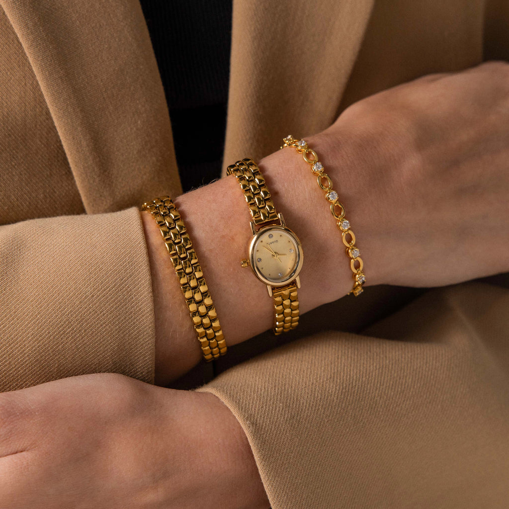 Oval  Face Timepiece Set Silver 18K Gold Plated
