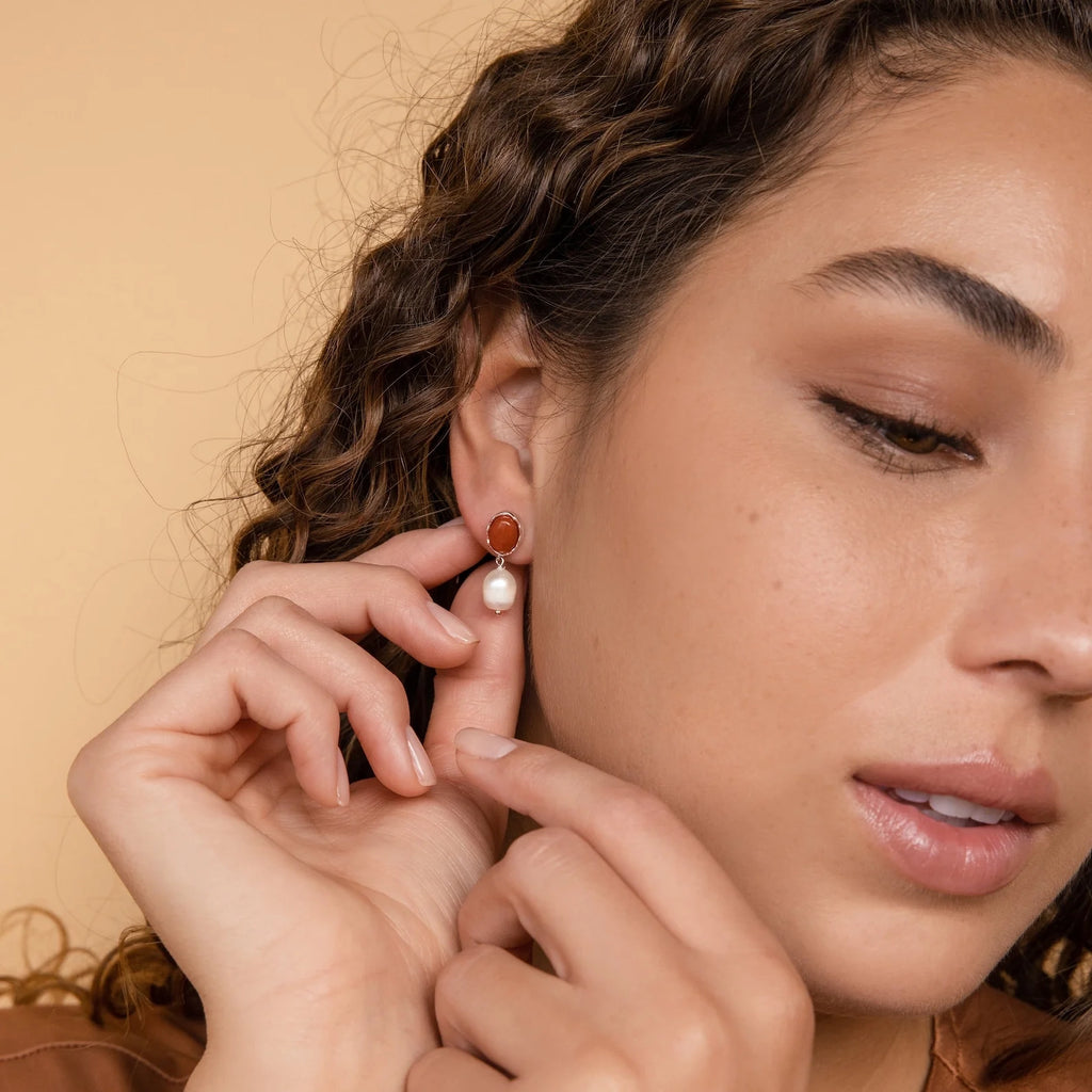 Carnelian Pearl Earrings Silver 18K Gold Plated