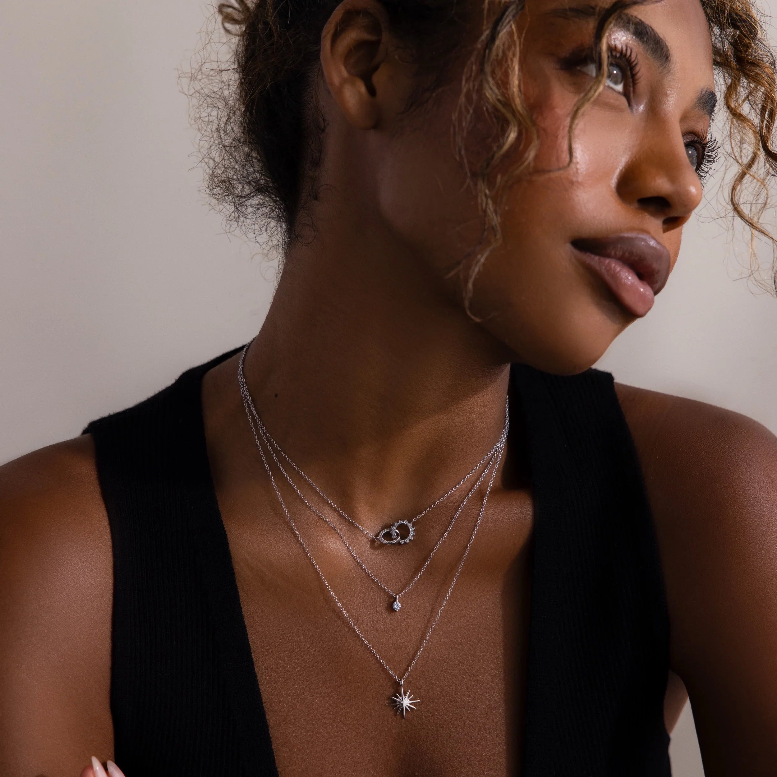 Diamond Starburst Duo Necklace Silver 18K Gold Plated