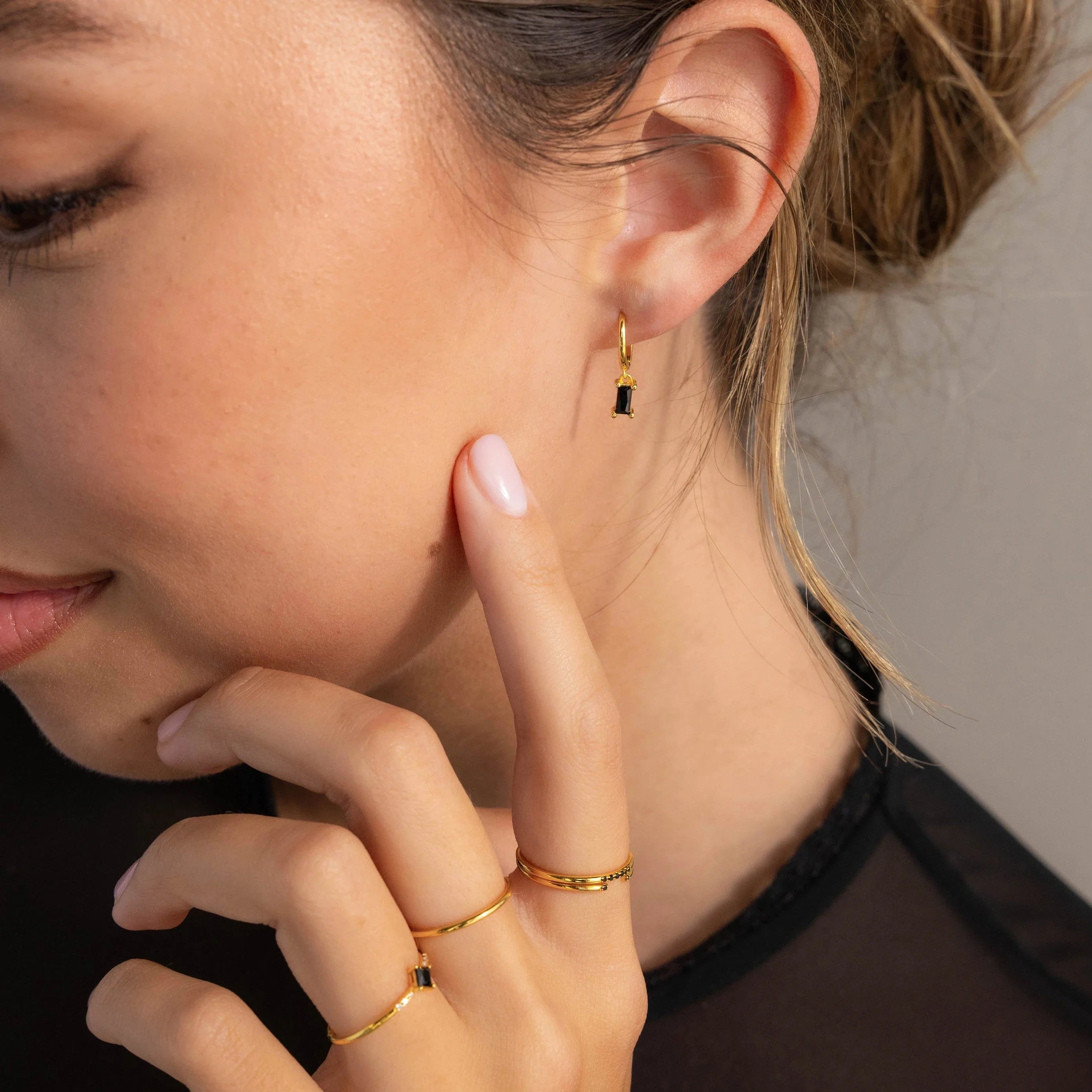 Onyx Baguette Drop Huggies Silver 18K Gold Plated