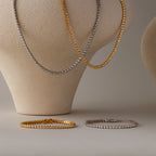 Diamond Bezel Tennis Necklace & Bracelet Set Silver 18K Gold Plated