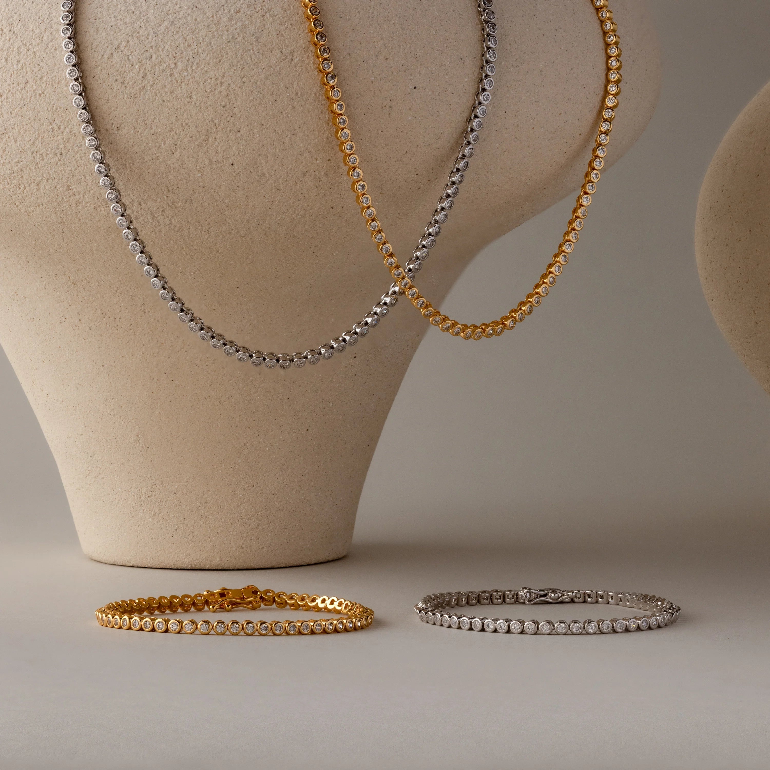 Diamond Bezel Tennis Necklace & Bracelet Set Silver 18K Gold Plated