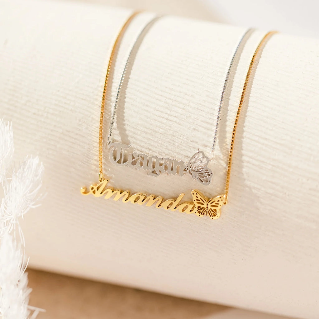 Butterfly Name Box Chain Necklace Silver 18K Gold Plated