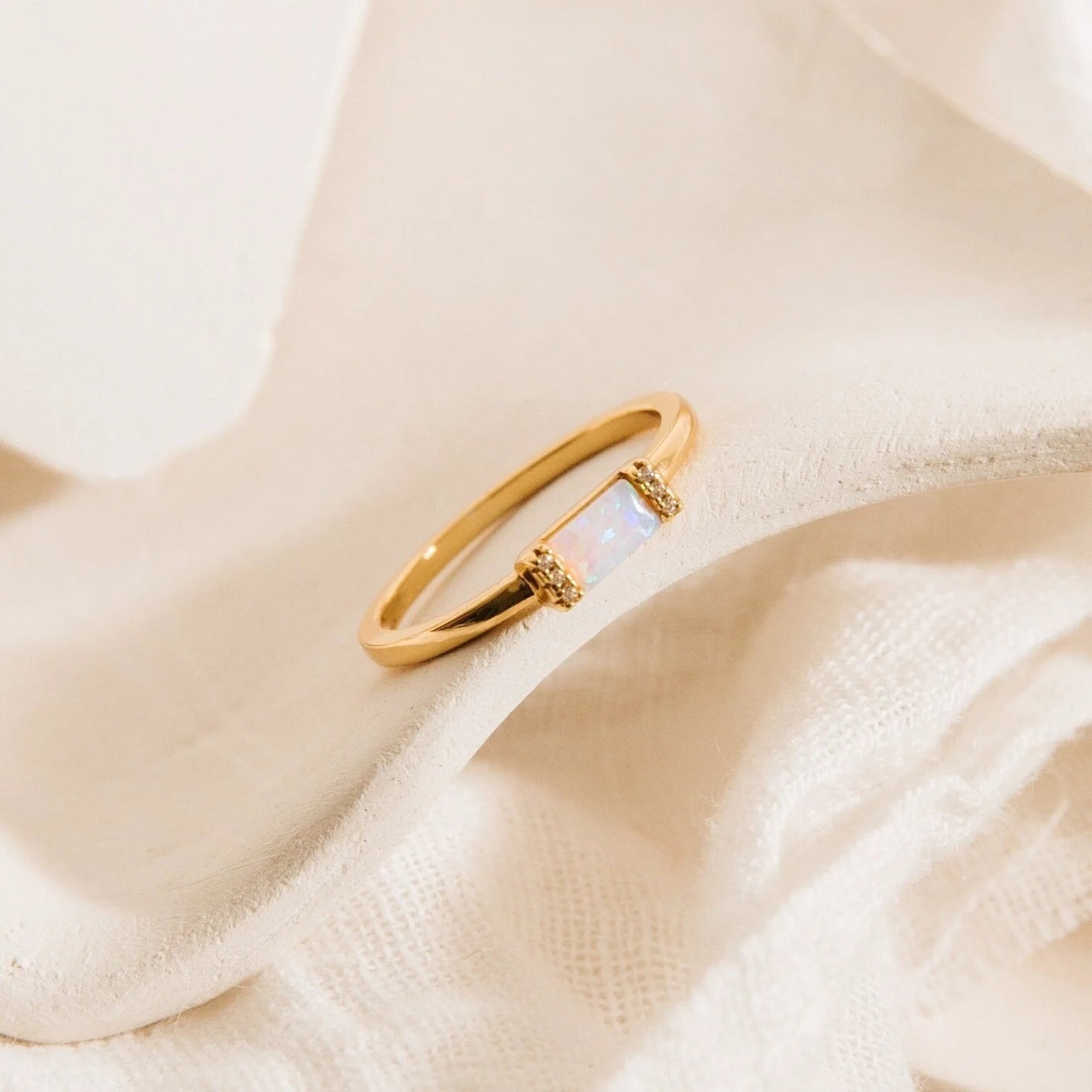Opal Baguette Diamond Ring Silver 18K Gold Plated