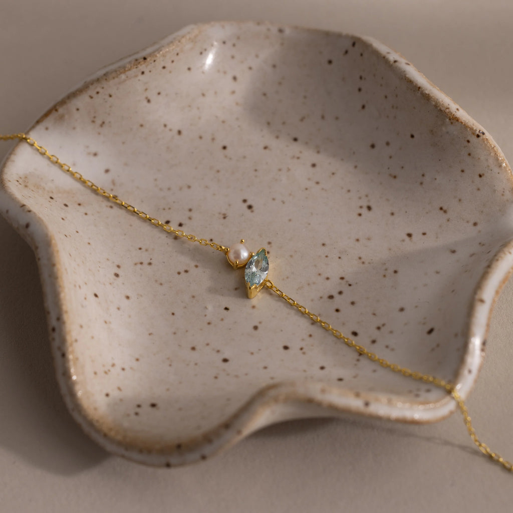 Marquise Aquamarine & Pearl Bracelet Silver 18K Gold Plated