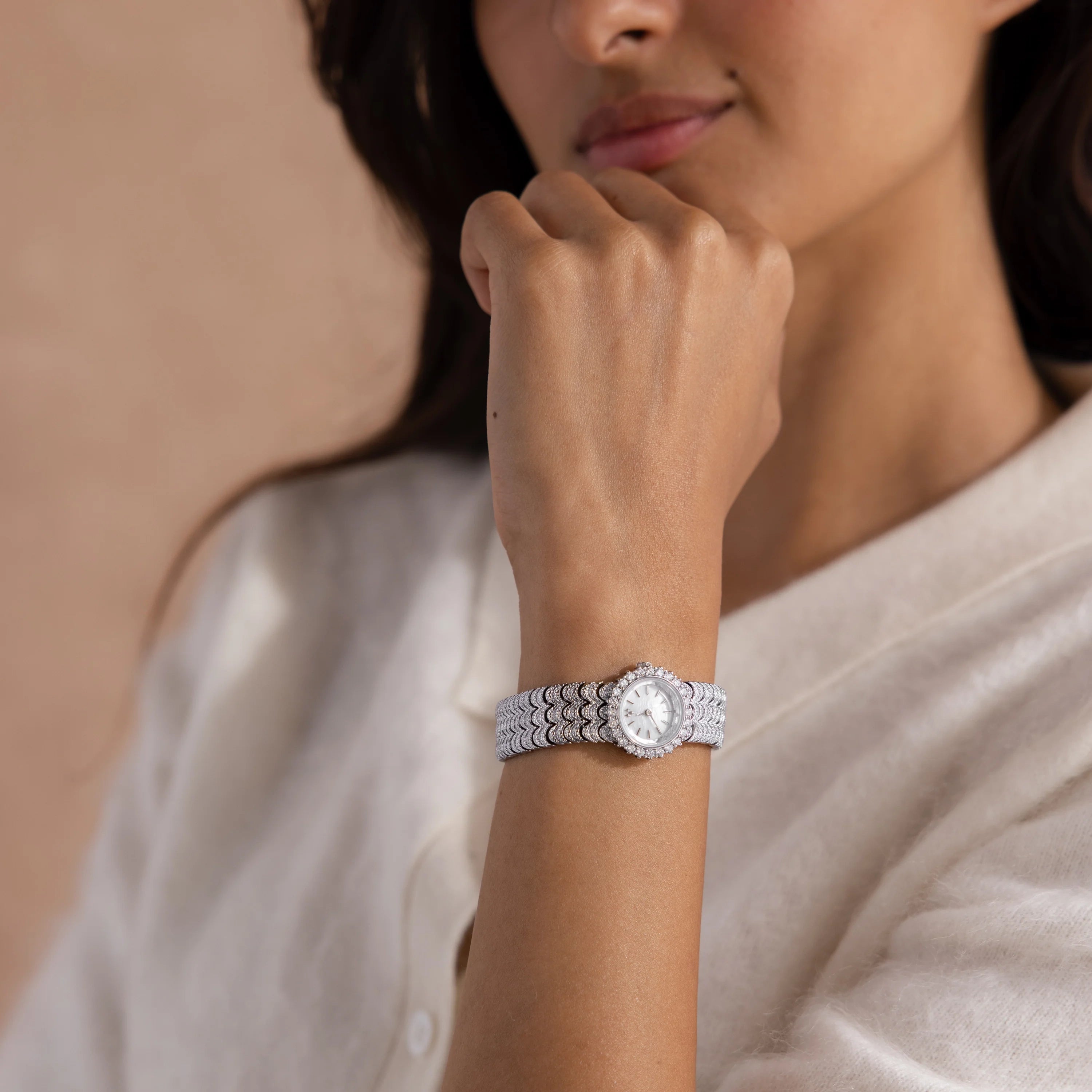 Diamond Pave Scalloped Timepiece Silver 18K Gold Plated