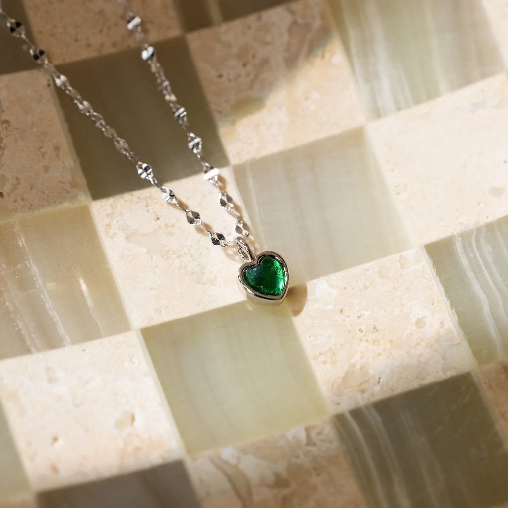 Tiny Jade Heart Necklace Silver 18K Gold Plated